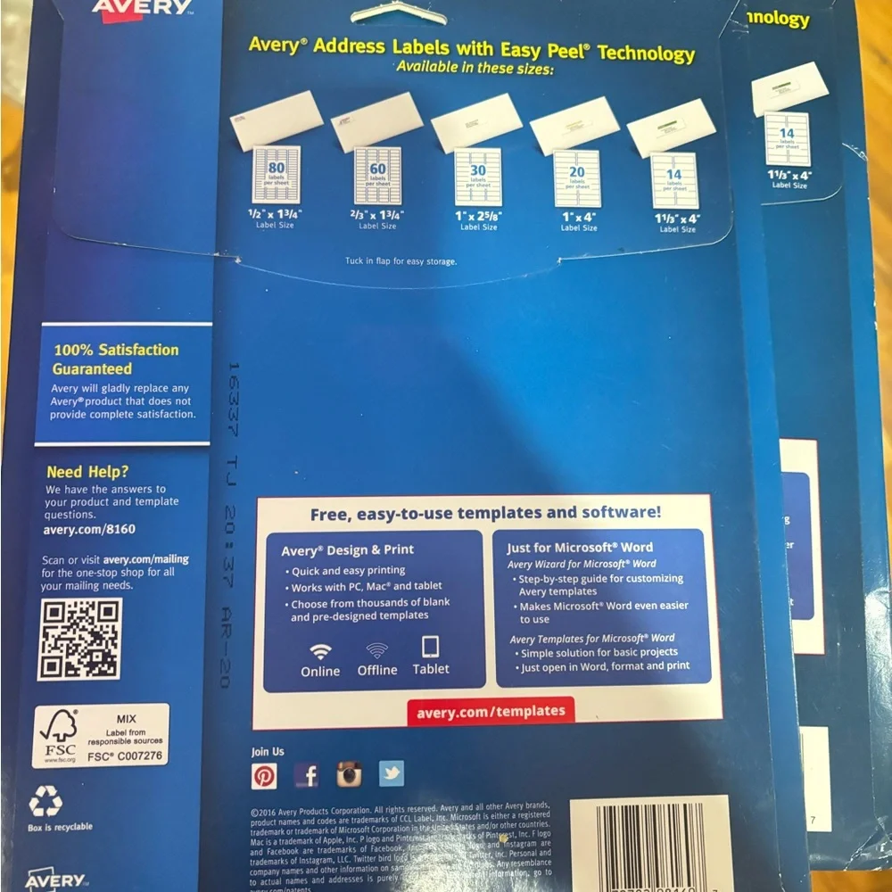 Avery 8160 Address Label Easy Peel Technology 1” x 2 5/8” 750 Labels/25 Sheets